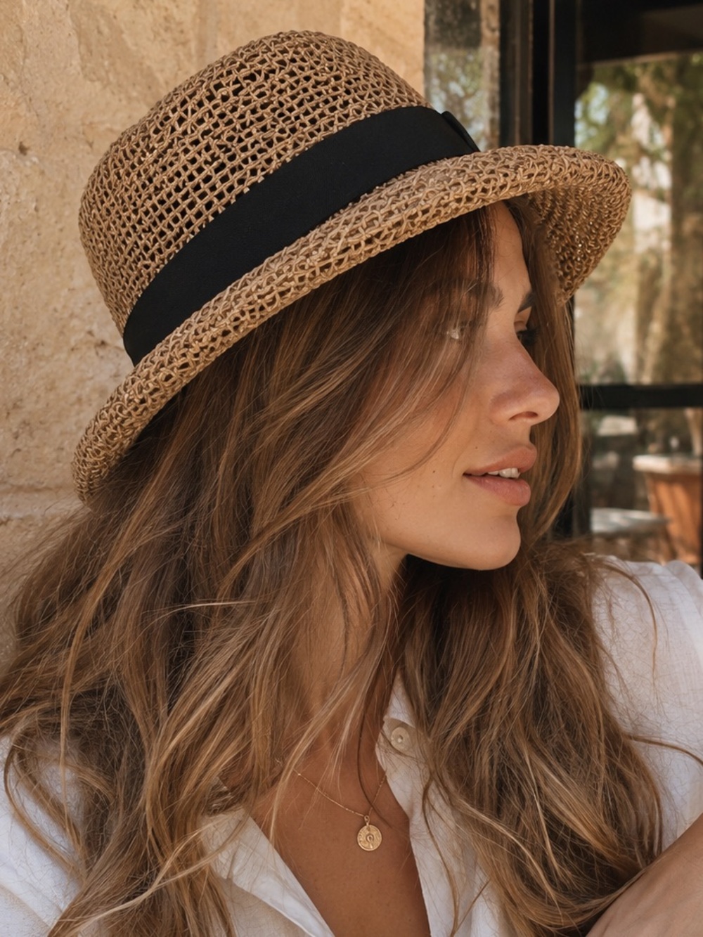 Unique Vintage Tan Straw Sun Hat with Black Band